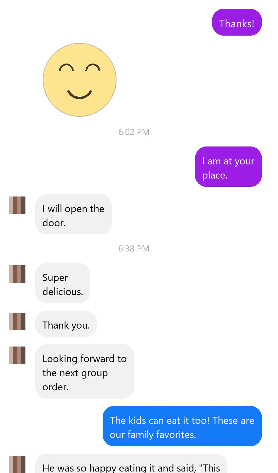 Customer message screenshot after doorstep delivery