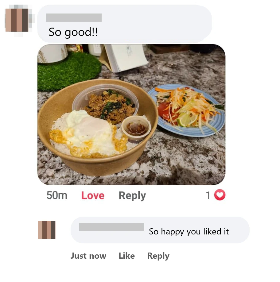 Customer testimonial screenshot with a meal photo