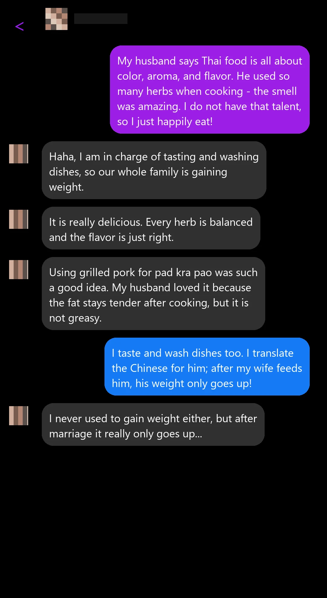 Customer message screenshot about Thai food flavor